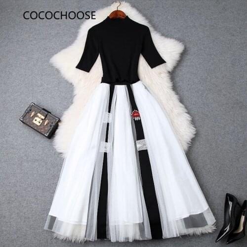 Womens diamonds beading mesh tutu skirt suit black sexy sheath knit tops pullovers color block skirt two piece set 2019