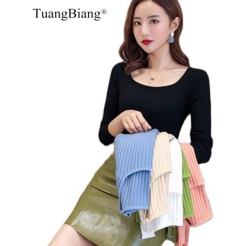 2020 Square Collar Long sleeve knitted Sweaters Deep O-Neck High elasticity slim Women pullovers vertical Ribbed stripes Jumpers