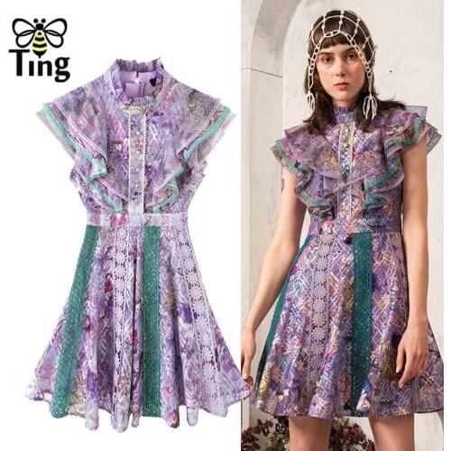Tingfly Vintage Elegant Ruffles Lace Patchwork Mini Short Dresses Ruched New Summer High Waist Fashion Vestidos Trendy Robes Za
