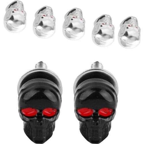 7Pcs Accessories: 1 Pair Motorcycle Skull Number Plate Frame Screws & 5Pcs Skull Car Motorcycle Wheel Tire Valve Caps