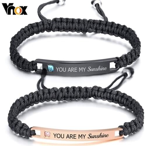 Vnox Free Personalized Custom Couple Bracelets for Women and Men Handmade Rope Braided Nameplate ID Matching Size Adjustable