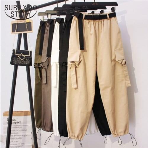 High Waist Pants Women Casual Loose Pants Elastic Trousers Women 2021 Autumn Cotton Solid Clothes with Safari Style 10656
