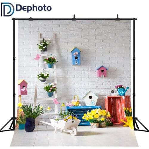 Dephoto Spring Flowers Easter Photography Backgrounds White Brick Wall Customized Photographic Backdrops for Photo Studio Prop