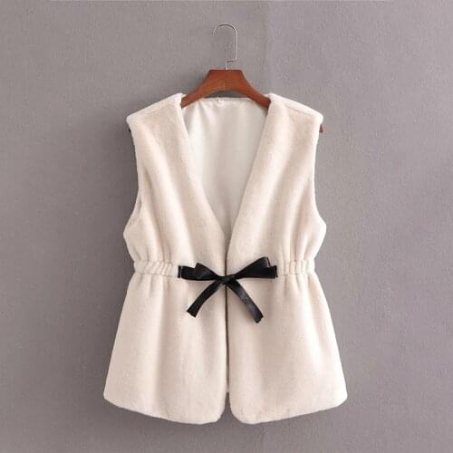 Merodi Women Autumn Casual Faux Fur V-neck Jackets Female Vogue Elastic Waist Bow Sleeveless Coats Chic Lady Soft Outwear