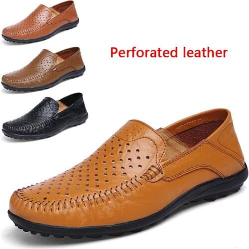Mens leather shoes spring autumn and summer hollow and breathable comfortable rubber sole round head Perforated leather shoegu