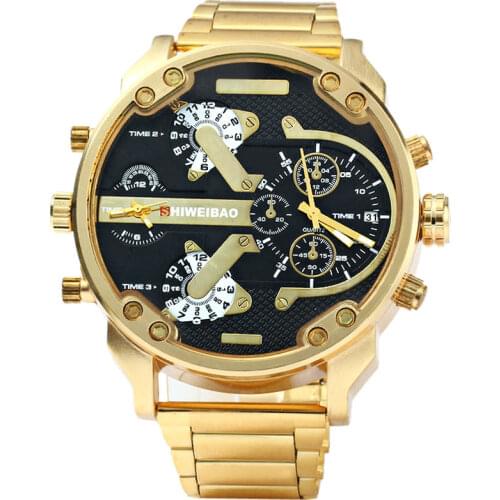 Brand Shiweibao Mens Quartz Watches Men Golden Steel Watchband Dual Time Zones Military Wristwatches Sport Relogio Masculino New