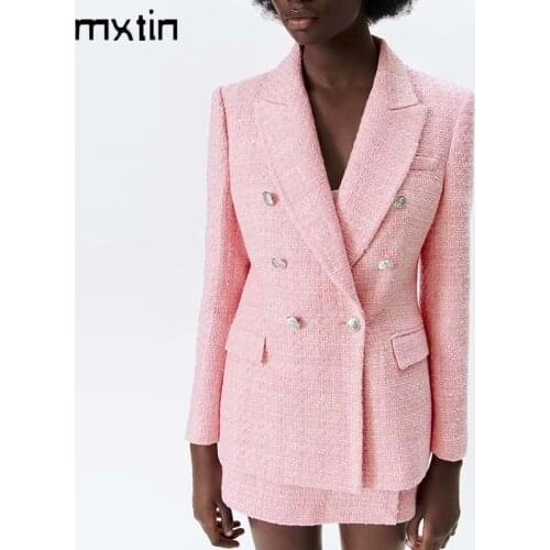 MXTIN 2021 Women Spring Vintage Tweed Blazers and Jackets Fashion Double Breasted Long Sleeve Slim Business Female Blazer Coat