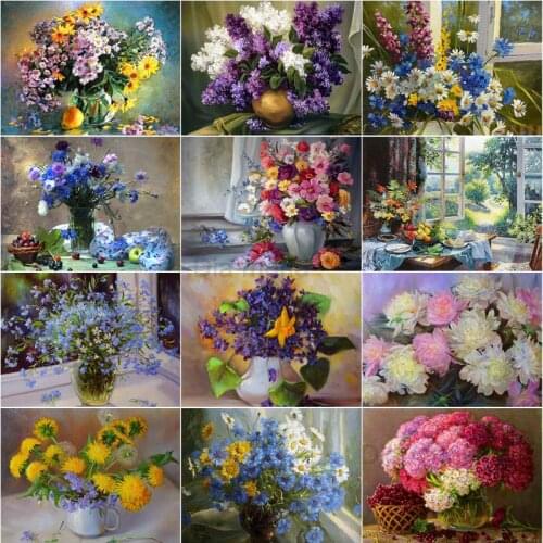 Lilac peony Flowers Oil Painting 5D Diamond Painting Picture of Rhinestones Embroidery Cross Stitch Kit Mosaic Art Home Decor