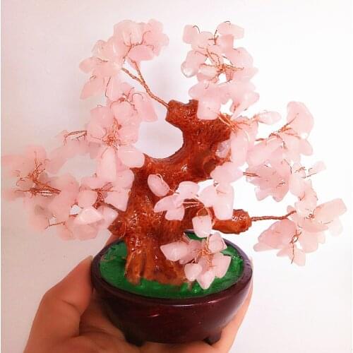 Natural rose crystal lucky tree pink genstone gravel stone tree fengshui home decor