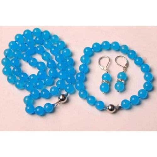 New hot 8mm Blue South America Topaz Round Beads Necklace Bracelet Earrngs Set AAA