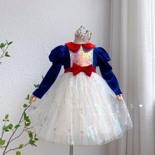 Girls sequin bow tulle long sleeve Golden velvet princess dress wholesale