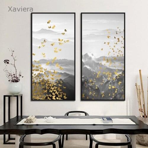 Chinese Style Canvas Painting Golden Butterfly Landscape Art Posters Modern Abstract Long Pictures Home Decoration Living Room