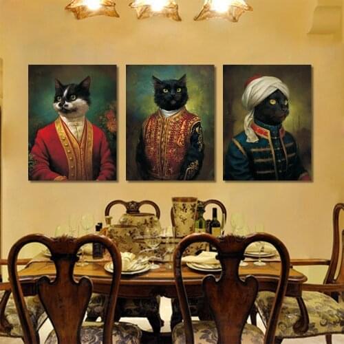 Retro Noble Cat Character Portrait Canvas Painting Funny Animal Poster European and American Vintage Entrance Living Room Decor