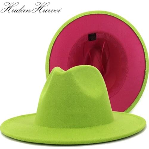 2020 New Hot Lime Green Rose Red Patchwork Woolen Felt Fedora Hat Men Women Flat Brim Fedora Travel Holiday Church Hat
