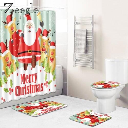 Zeegle Christmas Bathroon Curtain Shower Carpet Anti-slip Toilet Pedestal Rug Absorbent Bathroom Doormat Washable Bath Mat Set