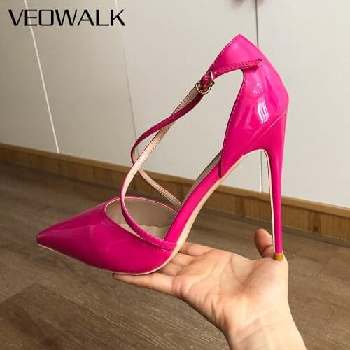 Veowalk Dark Rose Women Patent Cross Strap Stiletto Pumps Pointed Toe High Heels for Elegant Ladies Chic Dress Shoes Size 33-45