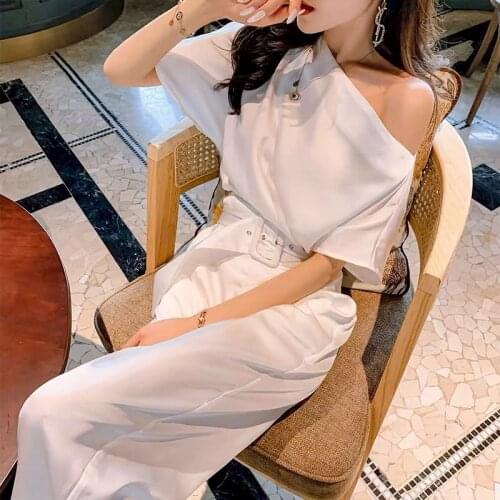 Womens Suit Wide Leg Pants Suit Summer 2021 Irregular Loose Large Size Sexy Off-the-shoulder Top Fashion Oversized Two Piece Set