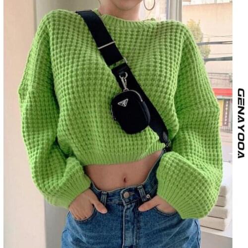 Genayooa Green Knitted Sweater Women Autumn 2020 Streetwear Long Sleeve O Neck Loose Ladies Jumpers Korean Crop Top Female New
