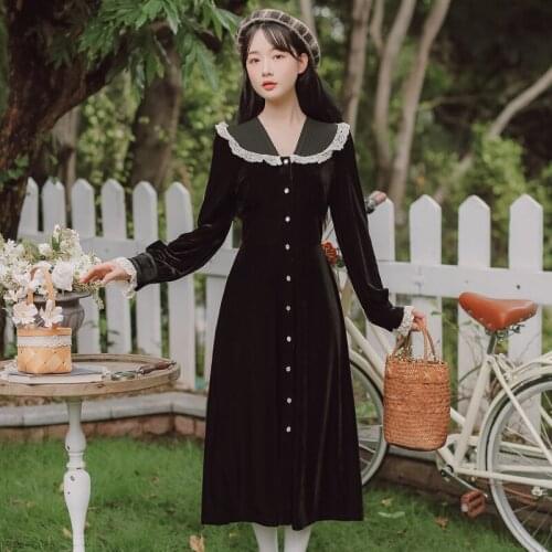 Velvet Dress Female Elegant Black Lace Stitching V-neck Sexy Single-breasted Thin Sexy Lady Vintage French Hepburn Style Dresses