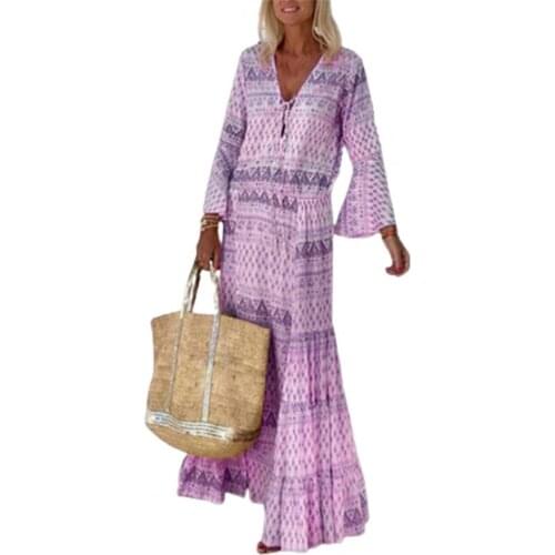Ladies Summer Loose Dress Bohemian Geometric Print V Neck Flare Sleeve Dress for Beach Long Casual Hem Dress for Holiday