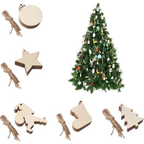 10pcs Wooden Tree Embellishments Wood Christmas Tree Santa Claus star Blanks with Twines for Christmas DIY Craft Card Decor