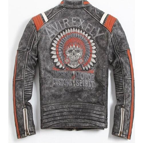 2020 Vintage Black Men Leather Motorcyclist Jacket Skull Embroidery Plus Size 3XL Genuine Cowhide Short Biker Coat FREE SHIPPING