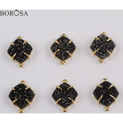 BOROSA 10Pcs Rhombic Gold Plated Claw Natural Agates Titanium Black Druzy Connector Drusy Double Charms Jewelry Findings ZG0430
