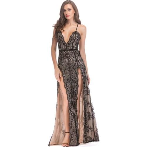 Black Sequined Deep V Neck Spaghetti Strap Cross Back Long Split Sexy Dresses Party Nightclub Formal Dress Women Wedding Wear