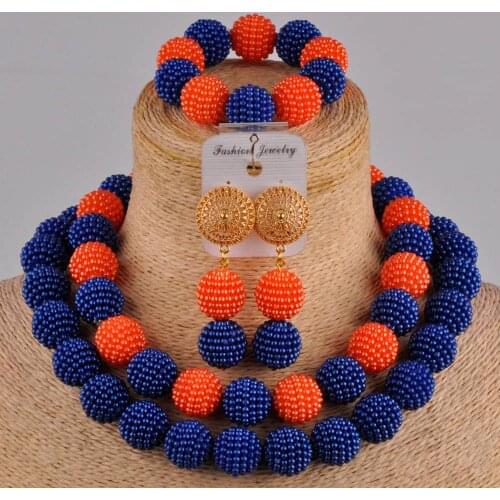 Trendy royal blue and orange nigerian wedding african beads jewelry set simulated pearl necklace