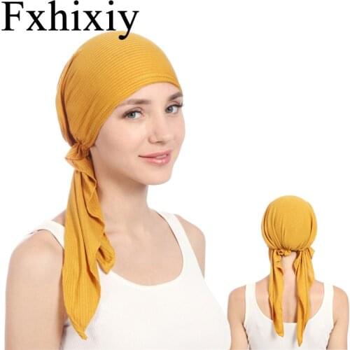 Muslim Women Solid Wrinkle Turban Hat Cancer Chemo Caps Pre-Tied Headscarf Headwear Headwrap Plated Hair Loss Cover