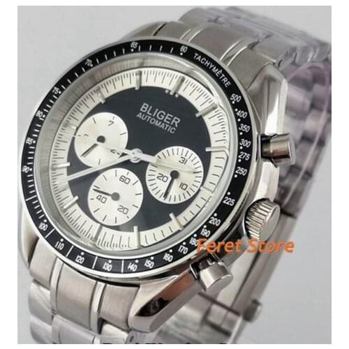 Bliger 40mm Mens Top Luxury Business Watch Silver Case Luminous Sterile black Dial Waterproof Stainless Steel Automatic Watch