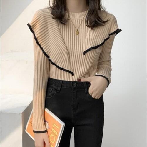 2021 New Autumn fashion Hit Color Ruffled Stitching Womens Pullover Sweater All-match Lotus Leaf Edge Female Knit Chic Tops