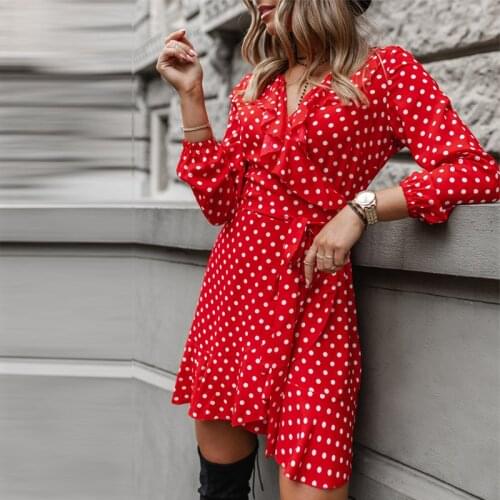 Autumn Women Elegant Party Dress Fashion Polka Dot Lace-Up Ruffle Mini Dress Sexy V Neck Wrap Long Sleeve Casual Dress Vestidos