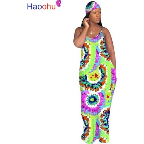 HAOOHU Tie Dye Print Sexy Bohemian Dresses Women Spaghetti Strap Sleeveless Beach Dress Vintage Backless Maxi Dress With Scarf