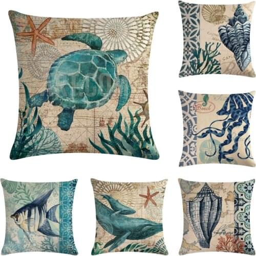 Ocean Cushion Cover Cotton Linen Marine amimals Turtl Tropical plants Home Decorative Pillows Cover for Sofa Drop shipping