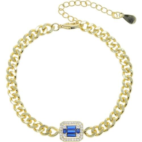 Beautiful Charm bracelet with red green blue cz paved square charm 5mm cuban chain bracelet for women lady hip hop punk jewelry