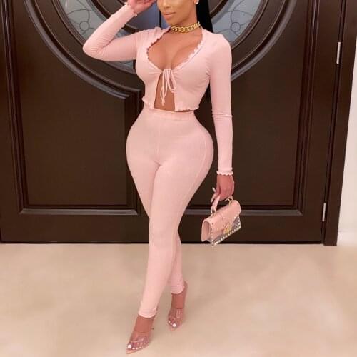 Sexy Two Piece Sets Club Outfits Womens Pink Blouses & Long Pants Bodycon High Waist For Evening Night Sex 2 Pieces Matching Set