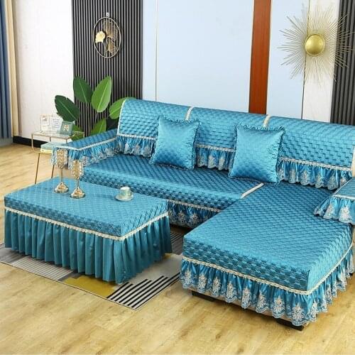 Blue Luxury Sofa Cover Fashion Diamond Embroidery Lace Sofa Towel Slipcover Non-slip Cushion A Complete Living Room Sofa Set 9