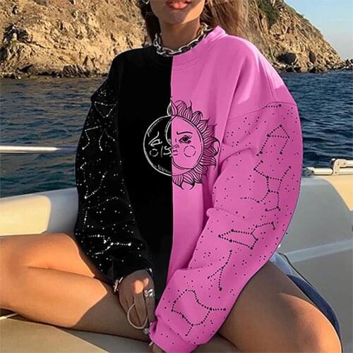 Harajuku Black Pink Patchwork Crew Neck Sweatshirt Oversize Women Spring Casual Loose Pullover Long Sleeve Sweatshirts Tops