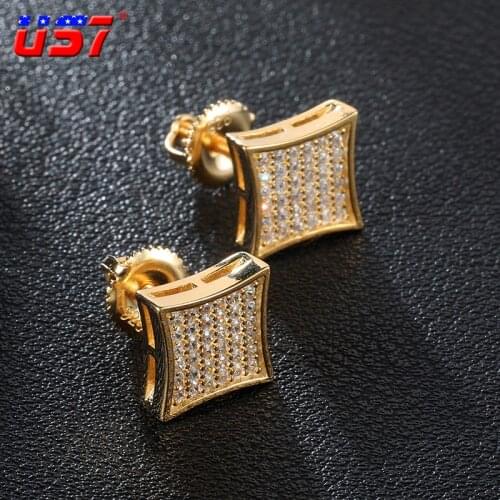 US7 1Pair Micro Full Paved Square Stud Earring For Men Women Iced Cubic Zircon Bling Iced Out Copper Earrings Hip Hop Jewelry