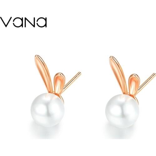 VANA Pearl Rabbit Stud Earrings for Women Girls 925 Silver Earrings Cute Trendy Stud Earrings