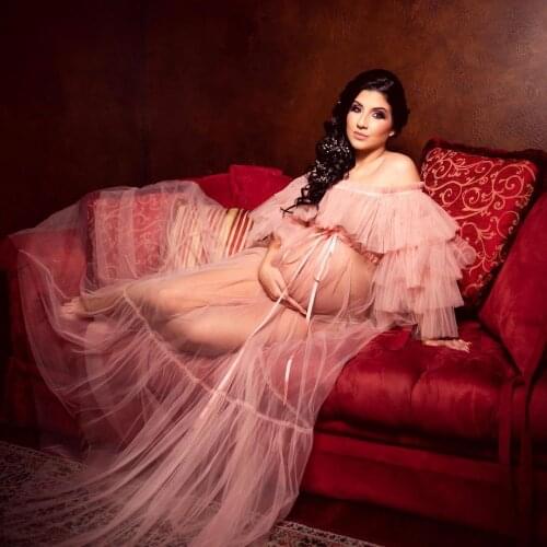 See Thru Tulle Long Robe For Pregnant Women Dresses Off The Shoulder Ruffles Bridal Shower Dress Vestido De Mujer