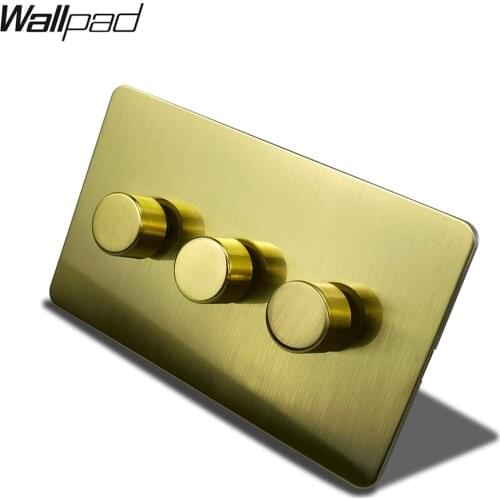 Wallpad Triple LED Dimmer Switch 3 Gang 2 Way Push On Off Brushed Satin Brass Stainless Steel Panel Metal Button