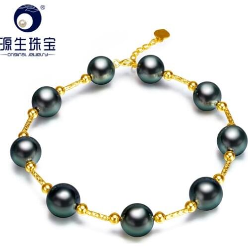 [YS] Best Gift 8-9mm Black Genuine Tahitian Pearl Pure 18k Gold Luxury Bracelets Fine Jewelry