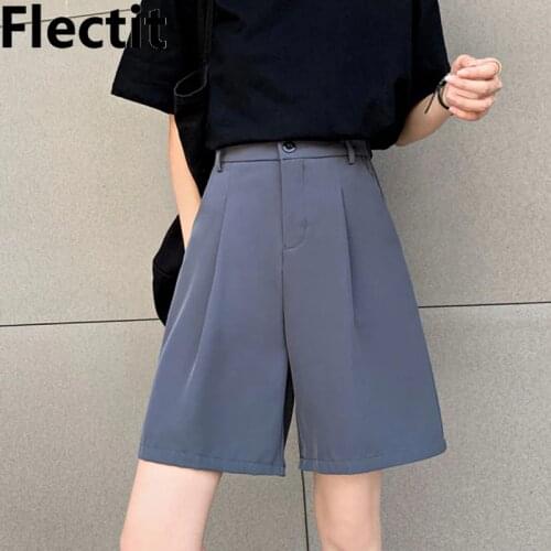 Flectit Womens Bermuda Shorts High Waist Pleated Straight Shorts Summer Casual Female Suit Shorts