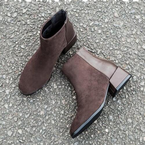 2020 suede winter boots women med-high heels leather patchwork ankle boots back zip warm plush botine femme big size 42 43 484