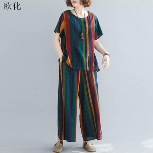 2 Piece Set 2020 New Summer Plus Size Cotton Linen Stranger Things T Shirt Women Tee Shirt Big Size Straight Pants Loose Suits