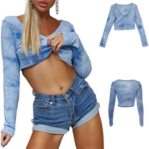 Ladies Fashion Long-Sleeved Tie-Dye Crop Top Ladies Fashion Top, Daily Shopping Slim Solid Color U-Neck Short T-Shirt-Blue