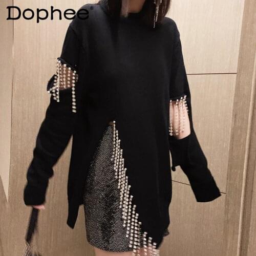 Diamond Tassel Hollow Out Slit Loose Knitted Jumper Women Knit Sweater 2021 Autumn Winter New Crew Neck Black Sweater Pullover