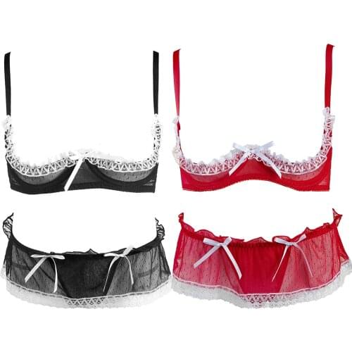 Womens Erotic Lingerie Suit Lace Trimming Adjustable Shoulder Strap Unlined Bra Brassiere with Low Waist G-string Panties Briefs